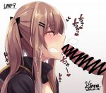  1boy 1girl bangs blush brown_hair censored closed_eyes eyebrows_visible_through_hair fellatio girls_frontline hair_ornament hairclip heart heavy_breathing hetero hiruno jacket long_hair oral penis scar scar_across_eye scarf solo_focus twintails ump9_(girls_frontline) 