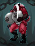  3:4 angry anthro big_breasts black_nipples boots_(markings) breasts chain clenched_fists female fur genitals gloves_(marking) hi_res huge_breasts humanoid hyaenid hyper hyper_breasts mammal markings mavis_(character) muscular nipples nude open_mouth pussy red_body red_fur simple_background snarling solo spots_(marking) spotted_hyena tandemonium teeth_bared teeth_showing vein 
