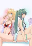 ... 3girls :d ahoge antenna_hair aqua_eyes bangs bare_shoulders bracelet breasts casual_one-piece_swimsuit center_opening cleavage closed_mouth collarbone crossed_legs eyebrows_visible_through_hair eyewear_removed gradient gradient_background green_hair green_hairband hair_ribbon hairband highres holding holding_eyewear jewelry knee_up looking_at_viewer medium_breasts multicolored multicolored_background multiple_girls navel necklace one-piece_swimsuit open_mouth orange_eyes orange_swimsuit ponytail ribbon see-through shawl sitting smile sparkle speech_bubble spoken_ellipsis stomach swimsuit thigh_strap thighs touhoku_zunko tsurumaki_maki vocaloid voiceroid white_swimsuit yellow-framed_eyewear yellow_ribbon yuzuki_yukari zooanime 