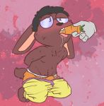  anthro bulge carrot clothed clothing disembodied_hand eyewear food girly glasses kneeling lagomorph leporid looking_pleasured male mammal plant rabbit sagging solo topless unboxyguy underwear vegetable 