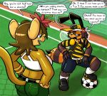 2026 antennae_(anatomy) anthro arthropod ball baseball_cap bee black_antennae black_bottomwear black_clothing black_footwear black_gloves black_handwear black_hat black_headwear black_jacket black_sclera black_shirt black_shoes black_shorts black_topwear bottomwear brown_body brown_exoskeleton brown_fur brown_hair clothed clothing crop_top cross-popping_vein curly_hair cute_fangs dialogue duo english_text exoskeleton eye_contact fangs felino female fingerless_gloves footwear fur gloves green_bottomwear green_clothing green_shorts hair hand_on_hip handwear haplorhine hat headgear headkerchief headwear hi_res hymenopteran insect jacket kerchief lana_banana_(felino) larger_anthro larger_female looking_at_another male mammal monkey open_clothing open_jacket open_topwear orange_body orange_exoskeleton outside pattern_clothing pattern_shirt pattern_topwear pose primate quindim_(felino) shirt shoes shorts size_difference smaller_anthro smaller_male smile smirk soccer_ball speech_bubble striped_clothing striped_shirt striped_topwear stripes tan_body tan_fur teeth text topwear white_clothing white_crop_top white_eyes white_headkerchief white_kerchief white_topwear yellow_clothing yellow_footwear yellow_hat yellow_headwear yellow_jacket_(clothing) yellow_shirt yellow_shoes yellow_topwear