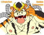  2018 anthro belly felid fruitz hi_res humanoid_hands kemono male mammal moobs nipples overweight overweight_anthro overweight_male pantherine raiden_tameemon sengoku_puzzle simple_background solo text tiger tongue tongue_out video_games white_background 
