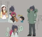 animate_inanimate anthro backpack bandai_namco black_hair blue_eyes brown_body brown_fur digimon digimon_(species) digimon_beatbreak duo fur granit_(digimon_beatbreak) group hair human kadoko5 living_plushie ludomon male mammal pink_hair plushie seam_(sewing) sharp_teeth teeth
