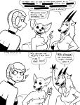2023 angry antelope anthro bell bell_collar black_and_white bovid breasts caprine cassandra_(tegerio) cleavage clothed clothed_female clothing collar comic dialogue dipstick_ears ear_markings ear_piercing ear_ring english_text female female/female fingers fur gesture group hair hi_res hooved_fingers hooves horn kangaroo kangy_(tegerio) lana_lynne looking_back macropod mammal markings marsupial monochrome multicolored_ears open_mouth piercing pouch_(anatomy) ring_piercing sheep tegerio text waving wool_(fur)