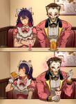  1boy 1girl absurdres alcohol animal_ears beer beer_mug bell_bow blue_bow blue_bowtie blush booth_seating bow bowtie brown_hair bulletin_board cat_ears cat_mask crossed_arms cup dress drinking drinking_glass food frilled_sleeves frills gloves gold_wrist_cuffs hair_slicked_back highres kiriko_(overwatch) maid mask meme mizussy mug overwatch parfait parfait_glass pink_bow pink_bowtie pink_dress pink_suit purple_hair reaper_(overwatch) shirt sitting sparkle strawberry_parfait suit table trade vest white_gloves white_shirt white_vest 