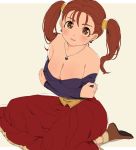  1girl blouse blue_blouse blush breasts brown_eyes brown_hair cleavage corset dragon_quest dragon_quest_viii earrings full_body jessica_albert jewelry long_hair long_skirt long_sleeves looking_at_viewer medium_breasts miyama_(kannsannn) necklace off_shoulder red_skirt shoes simple_background sitting sketch skirt solo 
