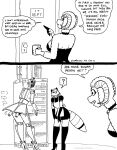 2023 anthro bell bell_collar black_and_white bovid breasts butt caprine clothed clothed_female clothing coffee_cup collar comic container cup dialogue english_text female fingers fur group hi_res hooved_fingers hooves horn lana_lynne machine maid_uniform mammal markings monochrome open_mouth question_mark rear_view ring_(marking) ringed_tail robot robota_(tegerio) server_room sheep striped_markings striped_tail stripes tail tail_markings tegerio text trio uniform wool_(fur)