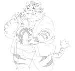  2017 anthro belly felid gindan humanoid_hands kemono male mammal monochrome overweight overweight_anthro overweight_male pantherine raiden_shin&#039;emon sengoku_puzzle simple_background solo sumo tiger video_games white_background 