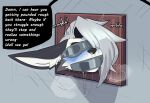 abandonment_play anthro asphyxiation black_body black_fur blindfold blue_cheeks bodily_fluids canid canine canis cyanosis dialogue dripping english_text female fur gag gagged gagged_drooling hair hair_over_eye hellaverse helluva_boss hi_res inner_ear_fluff loona_(helluva_boss) mammal mph! musk nasal_plug noms_(artist) nose_plugs offscreen_sex saliva saliva_drip sensory_deprivation solo taunting text through_wall tuft white_body white_fur white_hair wolf
