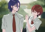  1boy 1girl amate_yuzuriha bag blue_hair bow bowtie breasts closed_eyes closed_mouth collared_shirt colored_inner_hair commentary_request couple earphones gundam gundam_gquuuuuux hetero highres holding holding_earphones multicolored_hair necktie ooooawa open_mouth purple_hair red_eyes red_hair school_bag school_uniform shirt short_hair shuji_ito smile teeth two-tone_hair upper_body white_shirt 