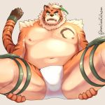  1:1 2020 anthro belly felid hi_res hombretigre humanoid_hands kemono male mammal moobs navel nipples omochiwotakusan overweight overweight_anthro overweight_male pantherine simple_background sitting solo tiger tokyo_afterschool_summoners video_games 