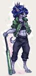 2026 absurd_res anthro black_bottomwear black_clothing black_pants black_shirt black_topwear blue_hair bottomwear claws clothing digital_media_(artwork) female fur green_clothing green_jacket green_topwear grey_body grey_fur hair hi_res holding_bat jacket looking_aside mammal navel pants savielle shirt simple_background solo sparkles species_request standing tail topwear