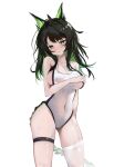  1girl absurdres alternate_breast_size_(larger) alternate_costume arknights black_hair blush breasts bright_pupils cameltoe chinese_commentary cleavage closed_mouth collarbone colored_inner_hair commentary_request cowboy_shot green_eyes highres large_breasts long_hair looking_at_viewer mon3tr_(arknights) multicolored_hair nuo_bai one-piece_swimsuit simple_background single_thighhigh solo standing swimsuit thigh_strap thighhighs white_background white_one-piece_swimsuit white_pupils white_thighhighs 