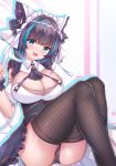  1girl absurdres animal_ears aqua_eyes azur_lane black_hair black_panties breasts cheshire_(azur_lane) cleavage crossed_legs detached_sleeves dress eyebrows_visible_through_hair fang fishnets frills garter_straps hairband highres large_breasts looking_at_viewer maid_headdress multicolored_hair open_mouth panties ribbon sitting smile solo streaked_hair thighhighs twiska_(doubitian) underwear wrist_cuffs 