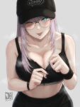  1girl black_pants black_sports_bra blush breasts cleavage commentary_request grey_hair highres hololive hololive_indonesia indonesian_commentary jasper_xandros large_breasts long_hair looking_at_viewer navel official_alternate_costume official_alternate_hairstyle open_mouth pants pavolia_reine pavolia_reine_(6th_costume) sexually_suggestive simple_background smile solo sports_bra sportswear sweatdrop tongue tongue_out virtual_youtuber yoga_pants 