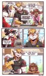 4_panel_comic absurd_res ambiguous_gender anthro bai-f0 blush bodily_fluids border bovid caprine comic dialogue domestic_cat english_text felid feline felis goat hi_res looking_away male mammal mcdonald's myiko piercing pulling_shirt signature sweat text waltt white_border