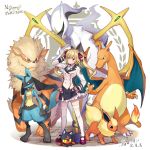  1girl ahoge arceus black_gloves black_skirt blazer blonde_hair bow bowtie breasts charizard closed_mouth commentary copyright_name crossover double-breasted expressionless eyebrows_visible_through_hair fingerless_gloves flareon frilled_skirt frills full_body gen_1_pokemon gen_4_pokemon gen_7_pokemon gloves growlithe hand_in_hair hand_on_hip highres jacket litten long_hair looking_at_viewer lucario medium_breasts miniskirt mythical_pokemon nijisanji ogamikeito poke_ball pokemon pokemon_(creature) pokemon_(game) purple_eyes red_footwear school_uniform shirt shoes simple_background skirt standing takamiya_rion thighhighs thighs twintails uniform virtual_youtuber white_background white_jacket white_legwear white_neckwear white_shirt zettai_ryouiki 