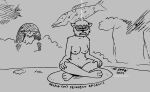 2024 aelfi_mistreed_(character) anthro breasts crossed_legs domestic_ferret eyes_closed facial_markings female fur greyscale grimace hair head_markings hi_res mammal markings mask_(marking) monochrome mustelid musteline navel nipples nude nude_female open_mouth solo tegerio true_musteline water weasel