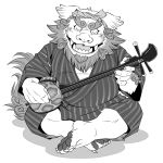  1:1 2020 anthro asian_mythology east_asian_mythology eyes_closed foo_dog japanese_mythology kemono komainu male mammal monochrome musical_instrument mythology overweight overweight_anthro overweight_male simple_background sitting solo takajoh white_background yōkai 