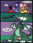 anthro avian balls beak big_balls big_penis black_body blue_body blue_clothing blue_robe blue_scales bracelet brother_(lore) brother_and_sister_(lore) brown_body brown_feathers brown_fur cape claws clothing comic death dialogue dragon dream_griffon_(ultilix) emerald_(ultilix) emerald_(ultilix)_(cursed_form) english_text erection european_mythology feathers female feral fur genitals glans green_balls green_body green_eyes green_hair green_scales group gryphon hair hi_res humanoid jewelry larger_feral larger_male leo_the_magician long_sleeves male motion_lines mouthless mythological_avian mythological_creature mythological_scalie mythology necklace no_pupils nude onomatopoeia penis pink_glans pink_hair pink_penis pupils purple_eyes purple_hair purple_pupils red_cape red_clothing red_robe robe ruby_(ultilix) scales scalie shadow_creature shoulder_grab sibling_(lore) sister_(lore) size_difference smaller_anthro smaller_female smaller_humanoid smaller_male sound_effects speech_bubble stomped surprised tackle tail text toe_claws ultilix western_dragon white_body white_claws white_eyes white_feathers white_hair wings yellow_beak yellow_body yellow_eyes
