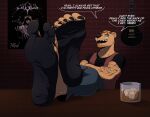 5_toes alcohol anthro arm_tattoo barefoot bear beard beverage big_feet black_clothing black_feet black_nails black_pawpads black_shirt black_topwear blue_clothing bottomwear brick brick_wall brown_body brown_clothing brown_fur brown_topwear claws clothed clothing colored_nails container countershade_feet countershading crossed_arms crossed_legs cup denim denim_clothing dialogue ear_piercing ear_ring electric_guitar english_text facial_hair facial_piercing feet feet_up foot_fetish foot_focus foot_on_table fur furniture glass glass_container glass_cup guitar hair hi_res humanoid_feet ice jewelry looking_at_viewer male male_anthro mammal musical_instrument nails open_mouth pants pawpads piercing plantigrade plucked_string_instrument polipon poster ring ring_(jewelry) ring_piercing sharp_teeth shirt sitting soles solo speech_bubble string_instrument table talking_to_viewer tan_body tattoo teeth text toe_claws toes topwear two_tone_feet vest wall_(structure) wrinkled_feet wrinkles