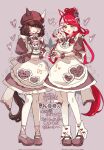  2girls animal_ears apron blush breasts brown_dress brown_hair commentary_request dress ear_covers ears_through_headwear facial_mark hair_between_eyes hand_puppet hat heart heart_facial_mark heart_hands heart_hands_duo highres horse_ears horse_girl horse_tail long_hair looking_at_viewer loves_only_you_(umamusume) maid maid_apron marche_lorraine_(umamusume) medium_breasts mismatched_ear_covers multicolored_hair multiple_girls norun_(ru-on) open_mouth ponytail puppet purple_eyes red_hair shoes short_hair smile tail thighhighs umamusume waving white_apron white_thighhighs yellow_eyes 