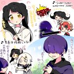 >_< <|>_<|> 2boys 3girls :d :o black_hair blunt_bangs blush chibi closed_eyes commentary_request double_bun grey_sailor_collar hair_bun health_bar hood hood_down hoodie jitome layered_sleeves long_hair long_sleeves multiple_boys multiple_girls nise_dorothia no_mouth open_mouth original outline pleated_skirt purple_hair purple_hoodie red_hair sailor_collar school_uniform serafuku shirt short_hair short_over_long_sleeves short_sleeves skirt smile translation_request twintails white_hair white_outline white_sailor_collar white_shirt white_skirt yellow_eyes 