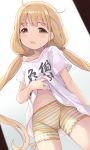  1girl bangs blonde_hair commentary_request dutch_angle futaba_anzu highres hiroki_(yyqw7151) idolmaster idolmaster_cinderella_girls long_hair looking_at_viewer low_twintails navel open_mouth oversized_clothes shirt shorts solo striped striped_shorts t-shirt twintails very_long_hair yellow_eyes you_work_you_lose 