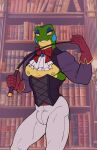2026 alternate_version_at_source amphibian anthro bookshelf bottomwear bow_tie breasts bulge cheek_spots clothing corset exposed_chest femboy flat_colors frog furniture gloves half-closed_eyes handwear hi_res lingerie male narrowed_eyes naughtyjester pants riding_crop signature smile smiling_at_viewer solo topwear whip white_bottomwear white_clothing white_pants yellow_eyes