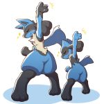  1:1 2020 acky05 ambiguous_gender anthro blue_body blue_fur blush canid canine duo eyes_closed front_view fur hi_res lucario mammal nintendo pok&eacute;mon pok&eacute;mon_(species) pose simple_background smile video_games white_background 