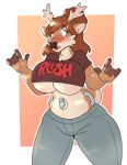 2023 2b-labs 5_fingers animate_inanimate anthro antlers band_shirt bottomwear breasts brown_body brown_eyes brown_hair clothing deer digital_media_(artwork) female fingers hair handles_on_hips hi_res horn implied_transformation inflatable living_inflatable mammal mystic_(mysticaldeer) nozzle_on_belly open_mouth pants ponytail rush_(band) seam_(sewing) shirt simple_background solo topwear under_boob