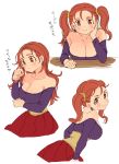  1girl bare_shoulders blush breasts brown_eyes brown_hair cleavage closed_mouth dragon_quest dragon_quest_viii dress earrings highres jessica_albert jewelry large_breasts long_hair looking_at_viewer miyama_(kannsannn) purple_shirt shirt simple_background smile solo strapless twintails white_background 