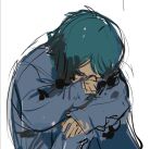  1boy aeug blue_eyes blue_hair commentary_request faceless gundam head_on_knees kamille_bidan korean_commentary lineart long_sleeves male_focus ng9ybb pajamas science_fiction simple_background solo white_background zeta_gundam 