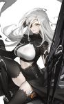 1girl alchemist_(girls_frontline) bangs black_gloves black_legwear breasts covered_navel eyepatch fingerless_gloves girls_frontline gloves highres large_breasts leg_up long_hair looking_at_viewer mosquito_coils official_art parted_bangs parted_lips sidelocks silver_hair simple_background sitting smile solo thighhighs white_background white_skin yellow_eyes 