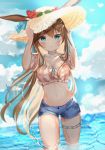  1girl absurdres amiya_(arknights) animal_ears arknights bangs blue_eyes blue_ribbon blue_shorts blue_sky blush breasts brown_hair bunny_ears cleavage cloud commentary cowboy_shot crop_top day flower hands_up hat hat_flower hat_ribbon highres jewelry long_hair looking_at_viewer medium_breasts midriff navel neck_ring pink_shirt red_flower ribbon shirt short_shorts shorts sky solo standing stomach thighlet thighs very_long_hair wading water whitebc 