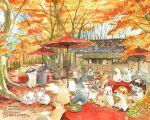  :d absurdres animal autumn autumn_leaves bag basket berry_jou brown_eyes building camera commentary_request cup dango food forest highres holding holding_basket holding_camera holding_food holding_leaf holding_phone instagram_username leaf leaf_on_head lop_rabbit maple_leaf nature no_humans oil-paper_umbrella original outdoors phone pink_eyes rabbit rearing rock rope_fence satchel sign sitting sitting_on_table smile tile_roof traditional_media tree twitter_username umbrella wagashi yunomi 