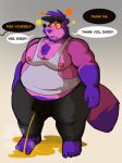 anothermeekone anthro beard bodily_fluids bottomwear canid canine clothing dialogue english_text facial_hair genital_fluids hi_res hypnosis male mammal meek_(character) mind_control nipples open_mouth overweight overweight_male pants peeing raccoon_dog ringed_eyes shirt simple_background solo speech_bubble submissive submissive_male sweatpants tank_top tanuki text topwear urine urine_stream watersports wetting zonked