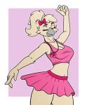 4_fingers anthro avian beak bird black_eyebrows border bottomwear bow_ribbon breasts cleavage clothed clothing dancing eyebrows female fingers grey_beak hair jewelry medium_breasts navel necklace non-mammal_breasts non-mammal_navel pink_background s7v8 shirt simple_background skirt solo tan_body tan_hair topwear white_border