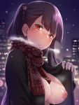  1girl alternate_costume bangs blush breasts breathing cityscape coat cold exhibitionism eyebrows_visible_through_hair girls_frontline gloves hair_ornament hiruno inverted_nipples large_breasts long_hair looking_at_viewer naked_coat night nipples one_side_up outdoors purple_hair red_eyes ribbon scarf solo sweat very_long_hair wa2000_(girls_frontline) 
