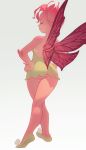 absurd_res butt clothed clothing crossed_legs dota dress eyes_closed fairy female fingers footwear hands_on_hips hi_res humanoid humanoid_hands minidress mireska_sunbreeze_the_dark_willow naitari no_underwear pink_body pink_skin rear_view shoes simple_background solo unusual_hair valve wings
