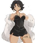  1girl :o betty_boop betty_boop_(character) black_dress black_eyes breasts coat dress earrings fur_coat gold_earrings gold_necklace heart heart_necklace highres hoop_earrings jewelry medium_breasts messy_hair necklace rakeem_garcia-cueto short_hair tan thighlet white_background white_coat white_fur 