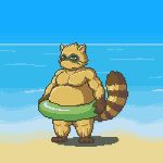  1:1 2016 anthro beach belly brown_body brown_fur canid canine fur green_eyes kemono low_res male mammal overweight overweight_anthro overweight_male raccoon_dog rockmai3 seaside sengoku_puzzle solo tanuki tokugawa_ieyasu video_games water 