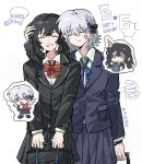  2girls artist_name bag black_hair black_jacket black_skirt blue_jacket blue_ribbon blue_skirt box braid chibi chibi_inset chinese_commentary closed_eyes closed_mouth collared_shirt commentary_request cowboy_shot crown_braid daoxiao057621 facing_viewer gift gift_box happy_birthday highres holding holding_bag holding_gift jacket kurobe_honoka kurobe_nanoka long_hair long_sleeves mahou_shoujo_no_majo_saiban multiple_girls neck_ribbon official_alternate_costume pleated_skirt red_ribbon ribbon school_uniform shirt short_hair siblings sisters skirt smile spoilers standing twintails white_hair white_shirt 