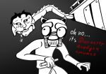 anthro blush bodily_fluids domestic_cat duo english_text eyescutout felid feline felis fingers gas_mask hair lips male mammal mask monochrome monster pipe saliva standing text toony