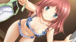  1girl :o aqua_eyes blue_bra blue_panties bra doorway eyebrows_visible_through_hair game_cg holding holding_bra holding_clothes holding_underwear koku leaning_forward long_hair looking_at_viewer navel official_art panties pink_hair seishun_fragile shiny shiny_skin solo underwear underwear_only uzuki_yukine 