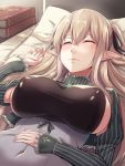  1girl bangs blonde_hair blush breasts covered_navel covered_nipples elf green_eyes hair_ribbon hiruno large_breasts long_hair lying on_back on_bed original parted_lips pointy_ears ribbon shrug_(clothing) sidelocks silvy_(hiruno) sleeping solo two_side_up 