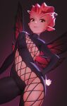 absurd_res antennae_(anatomy) bodysuit breasts clothing dota ear_piercing eyelashes fairy female fingers hi_res looking_at_viewer low-angle_view medium_breasts mireska_sunbreeze_the_dark_willow naitari navel not_furry piercing pink_body pink_skin pointy_ears skinsuit small_waist smile solo tight_clothing valve wings yellow_sclera