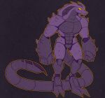 alien anthro arthrolisk carapace claws digital_media_(artwork) front_view male muscular muscular_anthro muscular_male nude nude_anthro nude_male purple_body reptile scalie simple_background snake snake_hood solo spazman stinger stinger_tail tail text toe_claws yellow_eyes