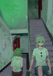  2girls absurdres alternate_costume antithetical_couplet apartment chinese_commentary commentary_request contemporary green_hair highres mononobe_no_futo multiple_girls shirt shorts sitting sitting_on_stairs soga_no_tojiko stairs tank_top touhou watermark white_hair white_shirt zevsion 