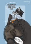 abdominal_bulge anal anal_vore anthro belly big_belly big_butt bottomwear butt canid canine canis casual_vore clothing clothing_pull duo endosoma english_text eye_scar facial_scar gurglegluts hi_res hoodie inside_clothing living_insertion long_term_endosoma male male_pred mammal rear_view safe_vore same_size_vore scar shorts teasing text topwear trapped_in_clothing vore whining wide_hips wolf